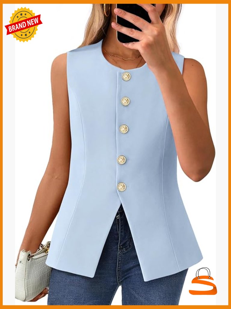 Sleeveless Blazer Vest Dressy Button Down Round Neck Business Casual Work Suit